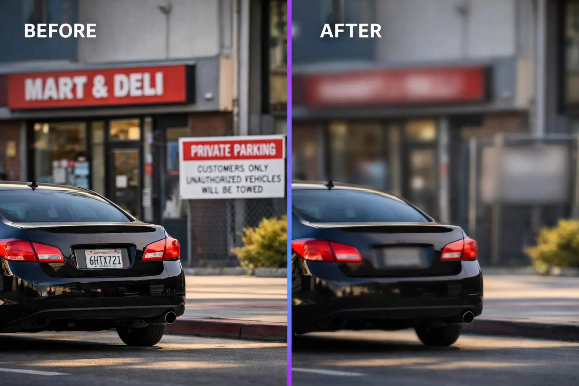 Blur sensitive text in any image online with before and after result Before and after image of a car with license plate blurred using Lift online blur image tool to hide sensitive information and protect privacy