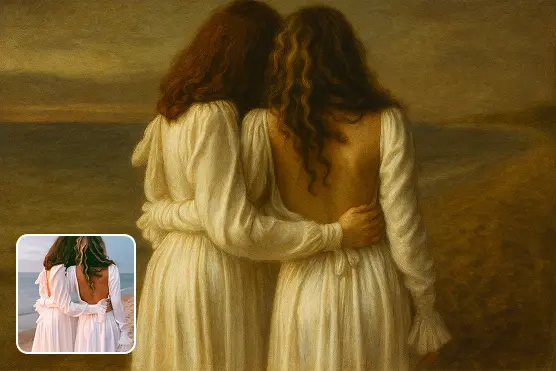 Before and after comparison showing a photo transformed into an artistic painting with visible brushstrokes and painterly style