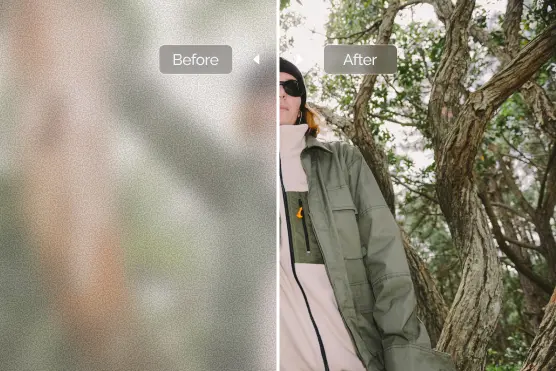 Split image: blurry portrait of a person in a brown jacket by trees on the left, clear and sharp on the right.