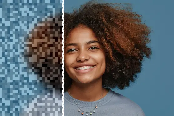 Pixelated portrait versus sharp and clear woman’s face