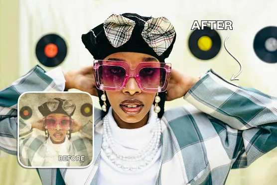 Before and after image restoration of a woman in plaid outfit and pink sunglasses