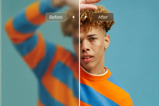 Man in orange-blue striped sweater sharpened from blurry photo