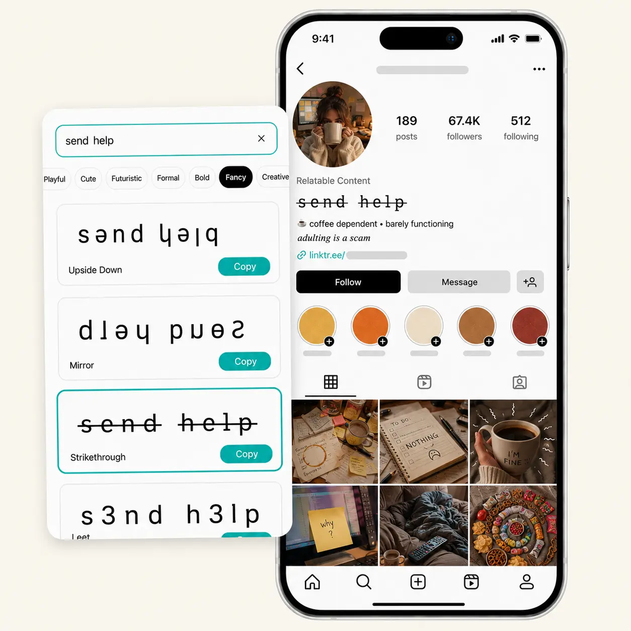 Lift font generator displaying fancy text styles for send help with strikethrough used in a relatable Instagram bio