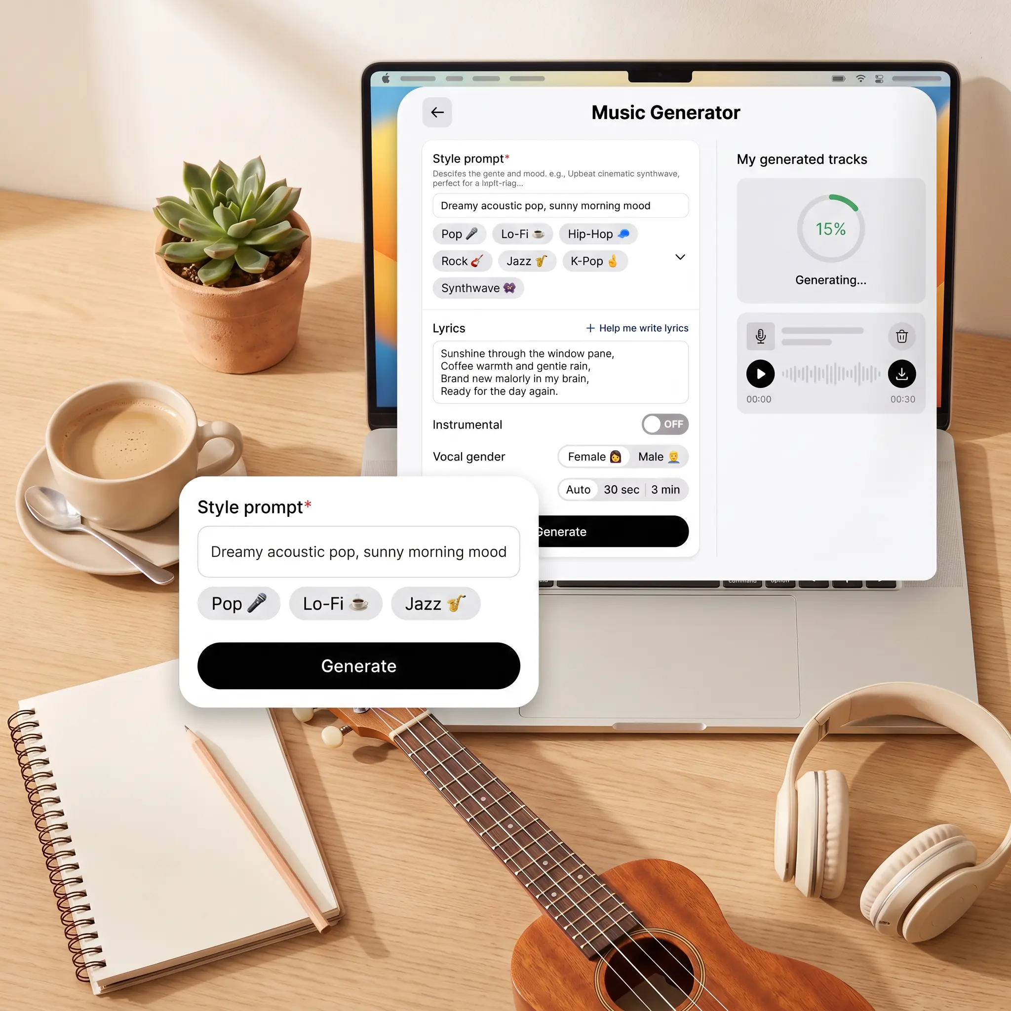 Lift AI music maker on a laptop showing the style prompt, genre tags, lyrics field, and Generate button