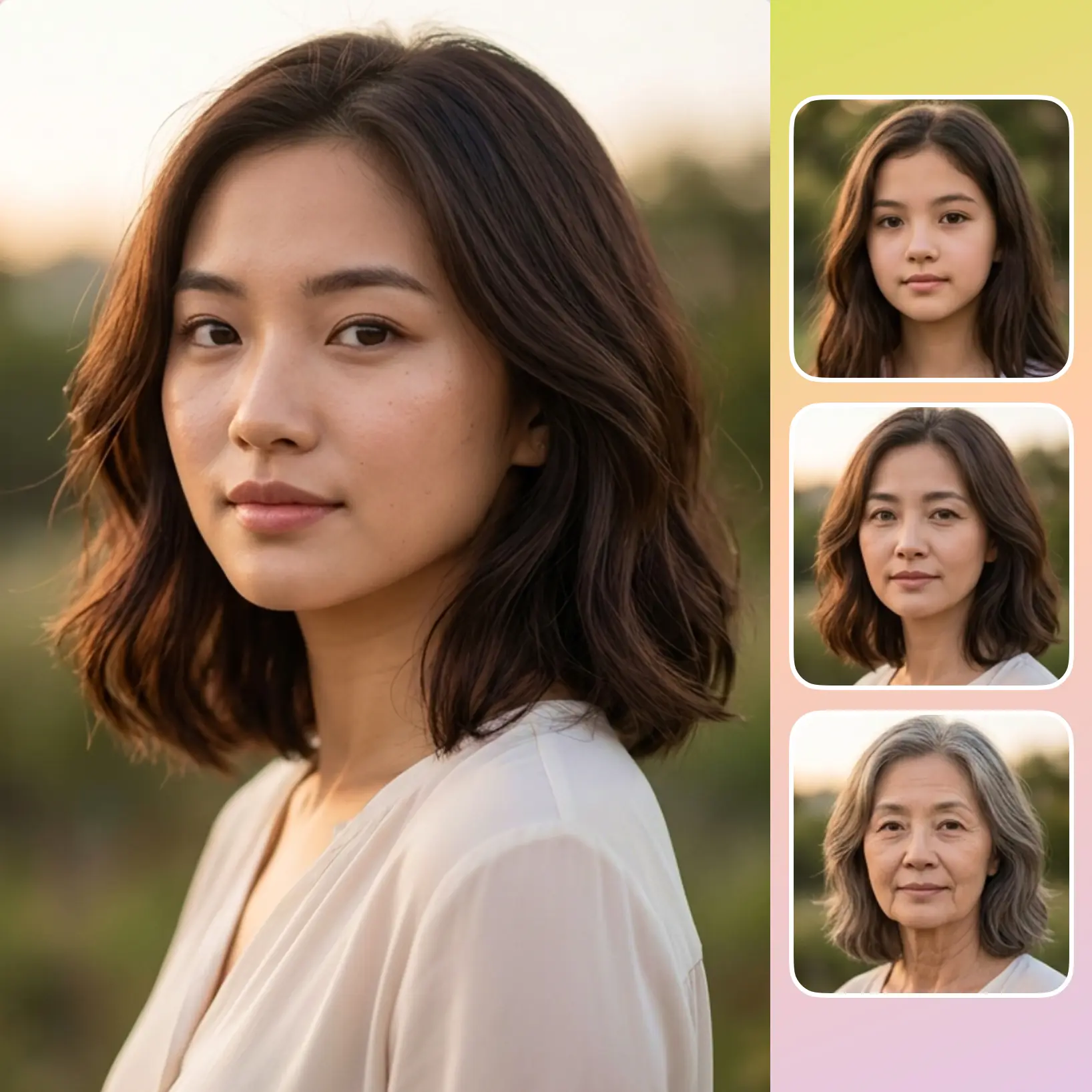 What Will I Look Like Older – Three AI Age Stages Preview for Women in Lift app Portrait of a young woman with three AI-generated older face previews showing teen, middle-aged, and elderly versions in the Lift app