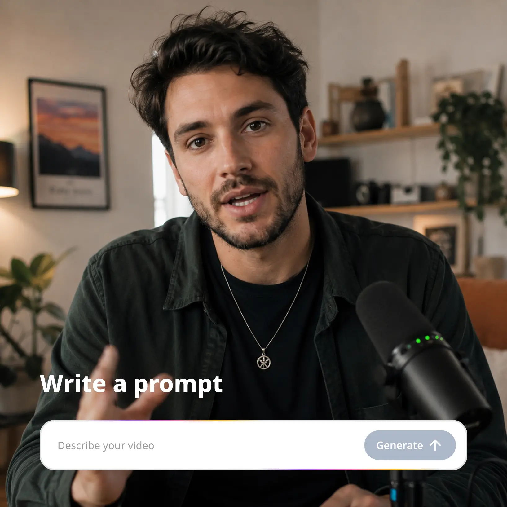 Lift AI Video Generator interface showing the prompt input where users describe and generate a clip Man in dark shirt with a microphone at home, a prompt input bar shown below the scene