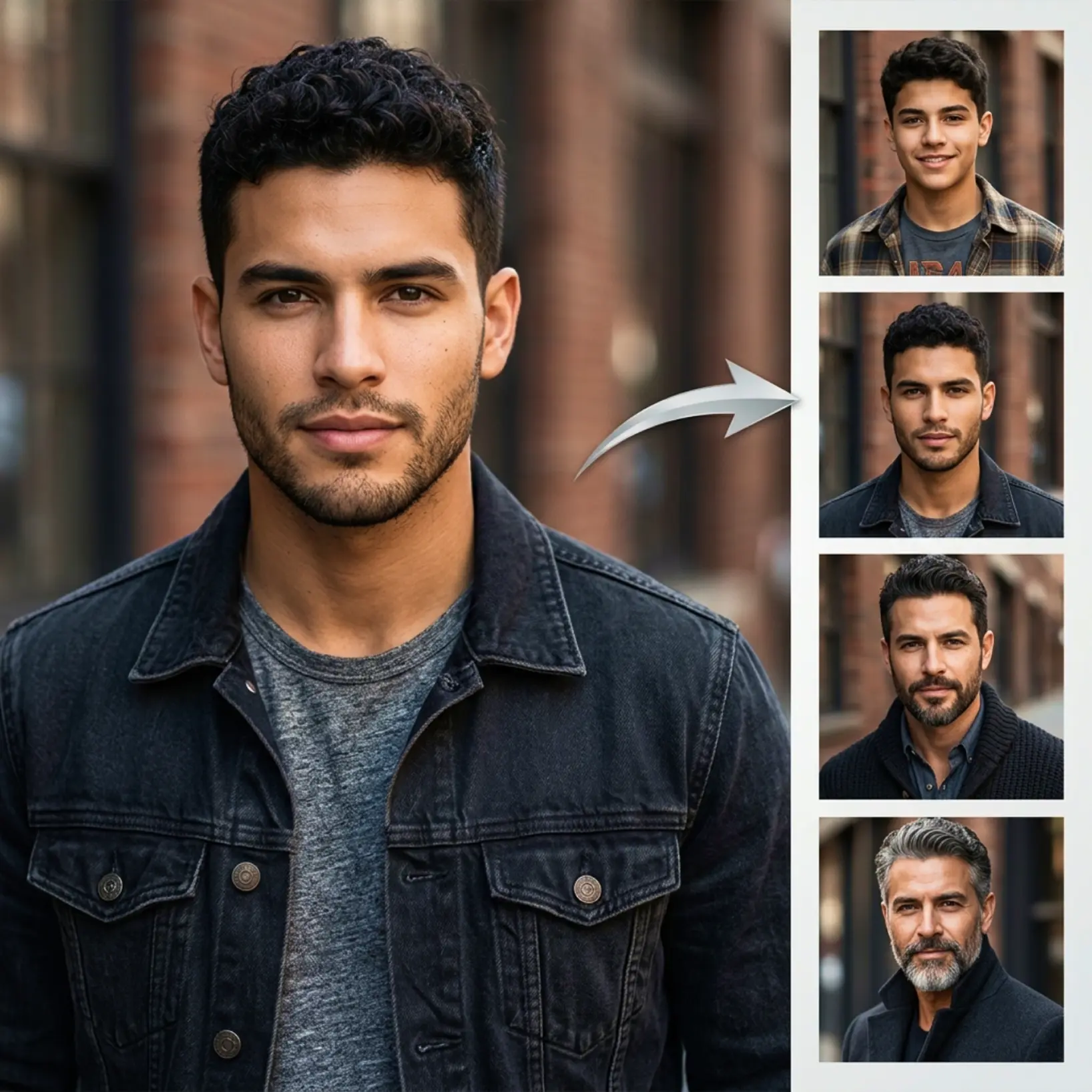 Portrait of a young man with four AI-generated age progression results from teen to older age displayed in the Lift app