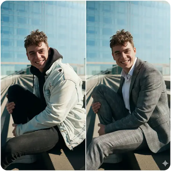 Man sitting on stairs in casual denim and formal suit looks