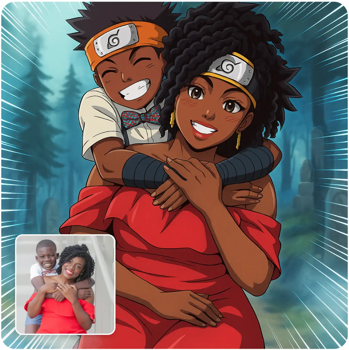 Anime transformation of a mother and son in Naruto-style theme Anime-style portrait of a smiling mom and son in ninja headbands