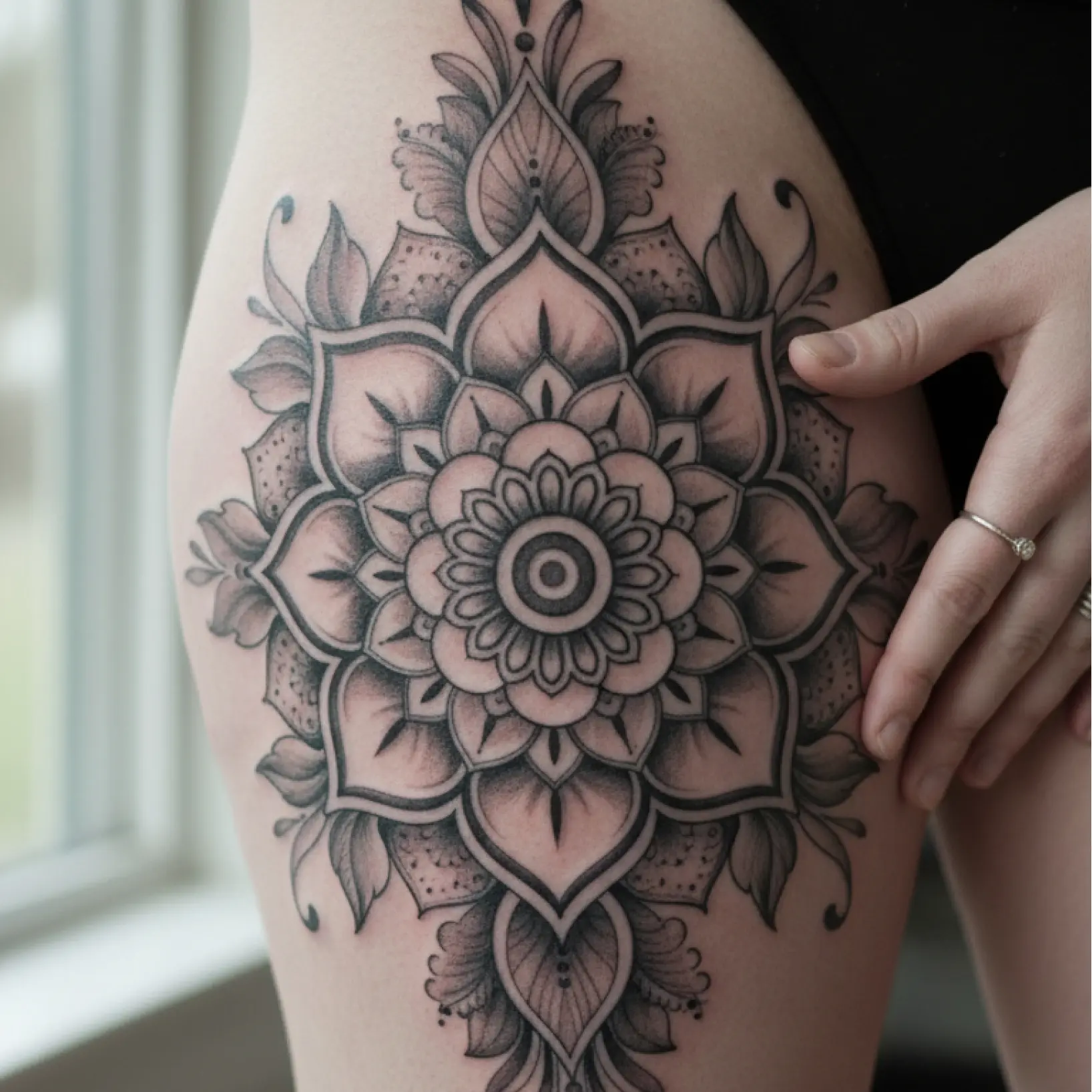 Photo to tattoo converter showing AI-generated tattoo design previewed on leg