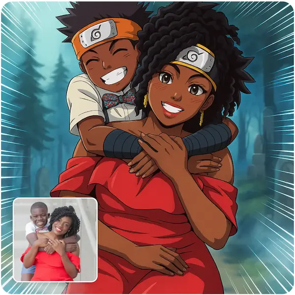 Anime-style portrait of a smiling mom and son in ninja headbands