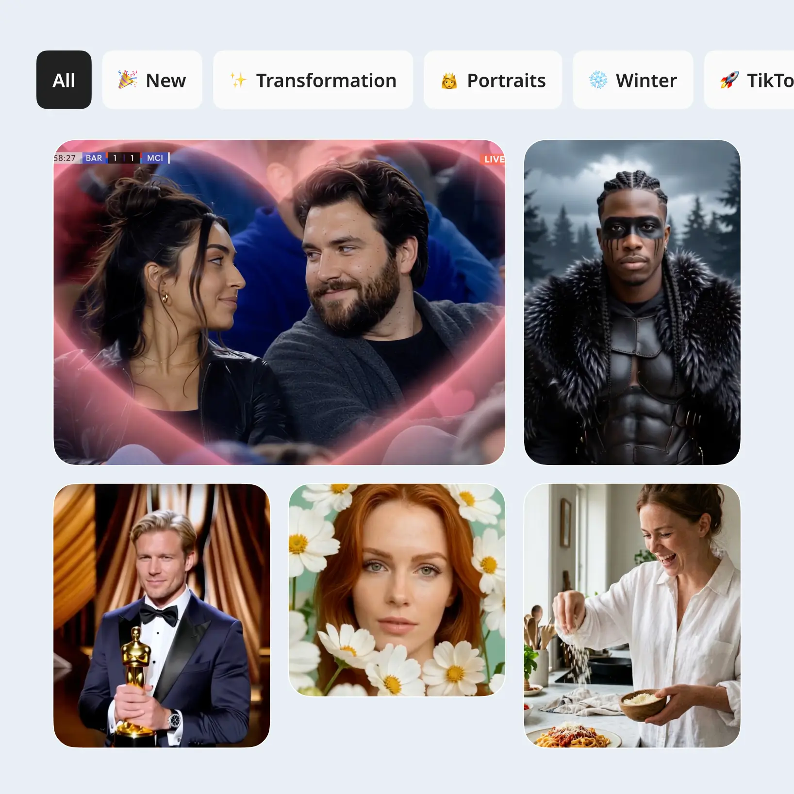 Lift Image to Video AI gallery showing template categories and style cards for photo-to-video projects Template browser with All, Transformation, and Portraits tabs displaying six style cards including portrait and fantasy looks