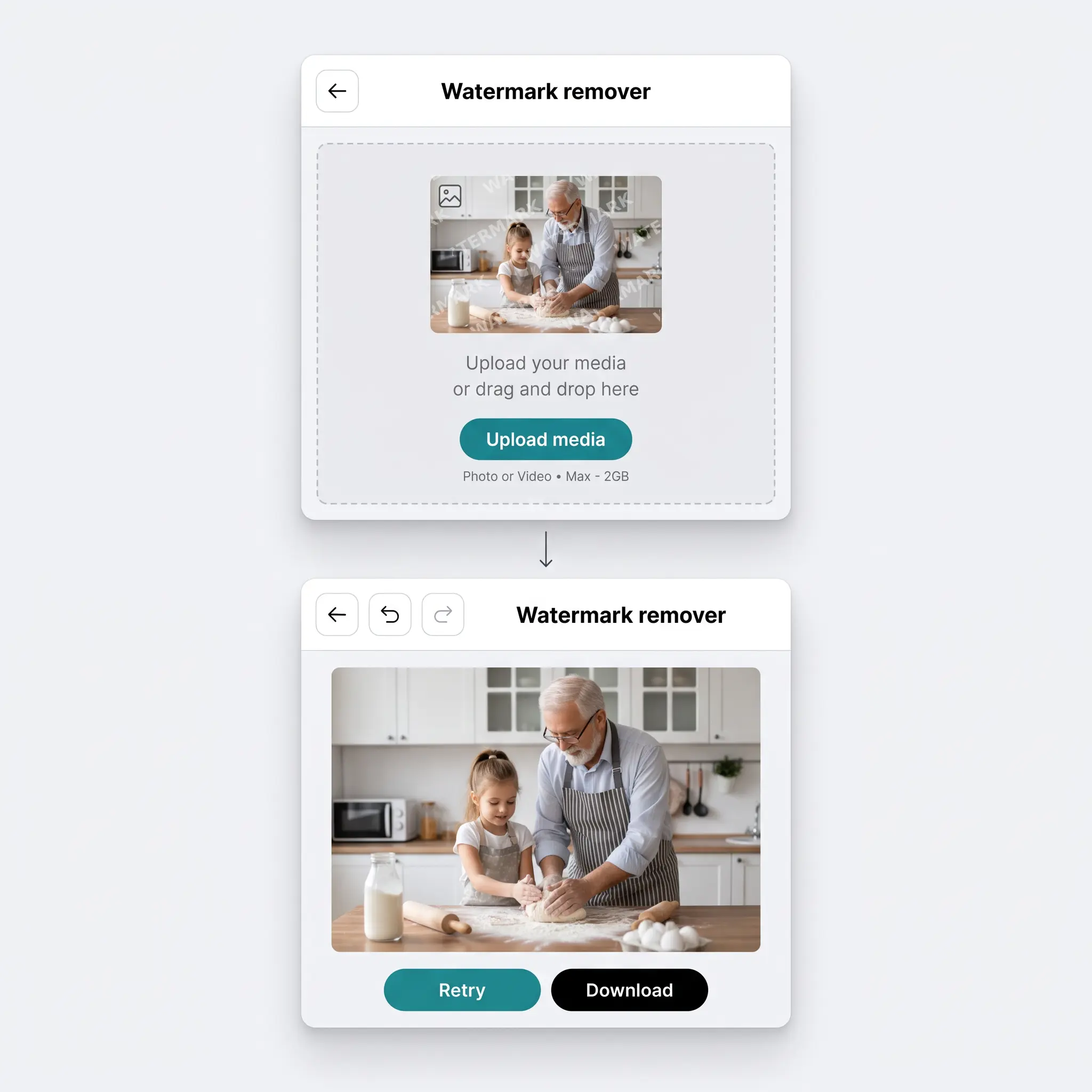 Steps to remove a watermark with AI in Lift, from upload to download
