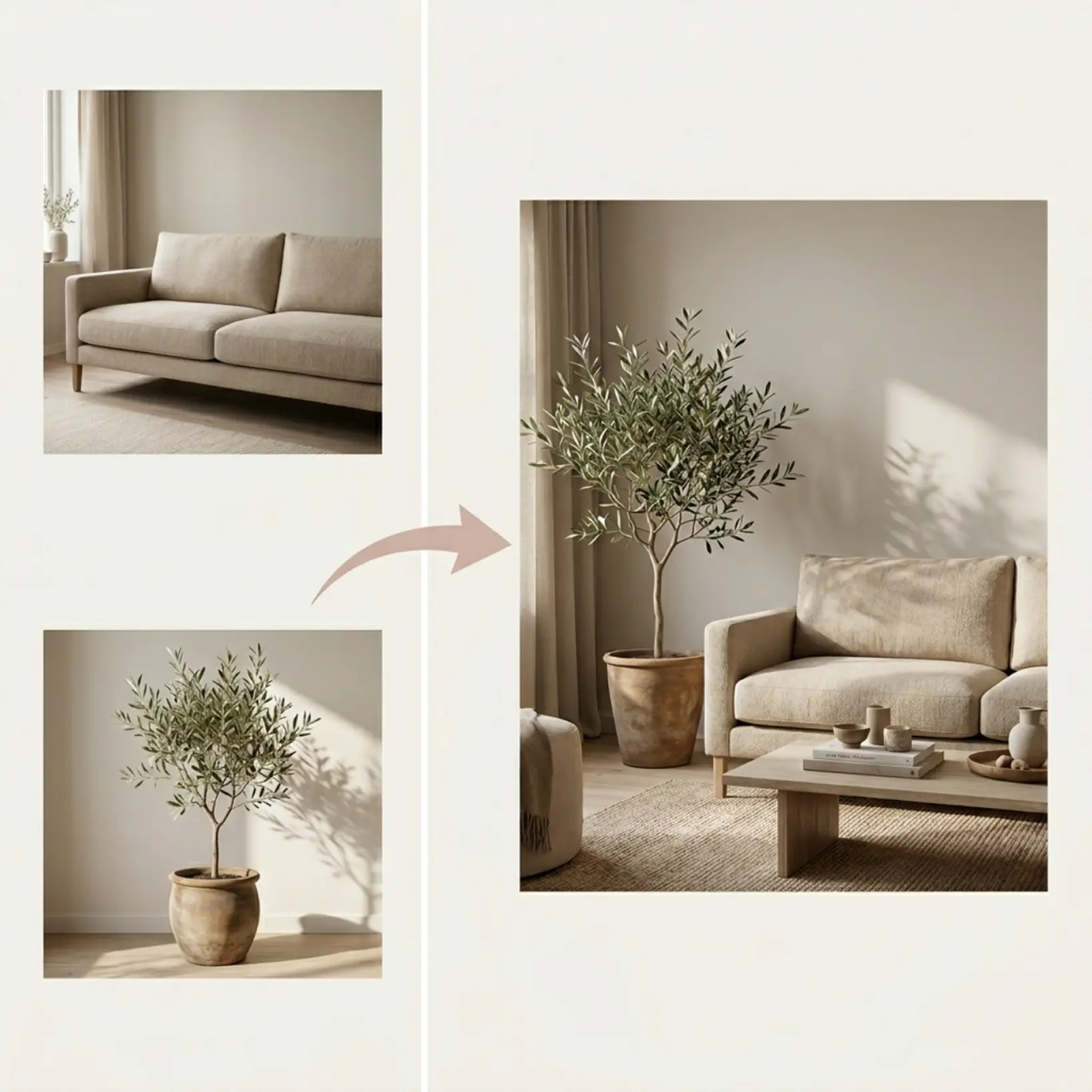 Two source images of a beige sofa and a potted olive tree combined by Lift into a single interior photo