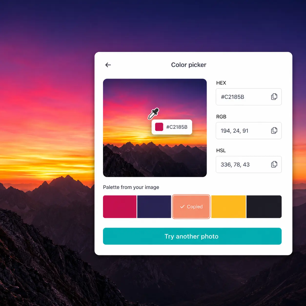 Lift color palette generator from image — sunset landscape photo with full RGB, HEX, and HSL output Color picker showing a vivid mountain sunset with HEX, RGB, and HSL values and auto-generated palette
