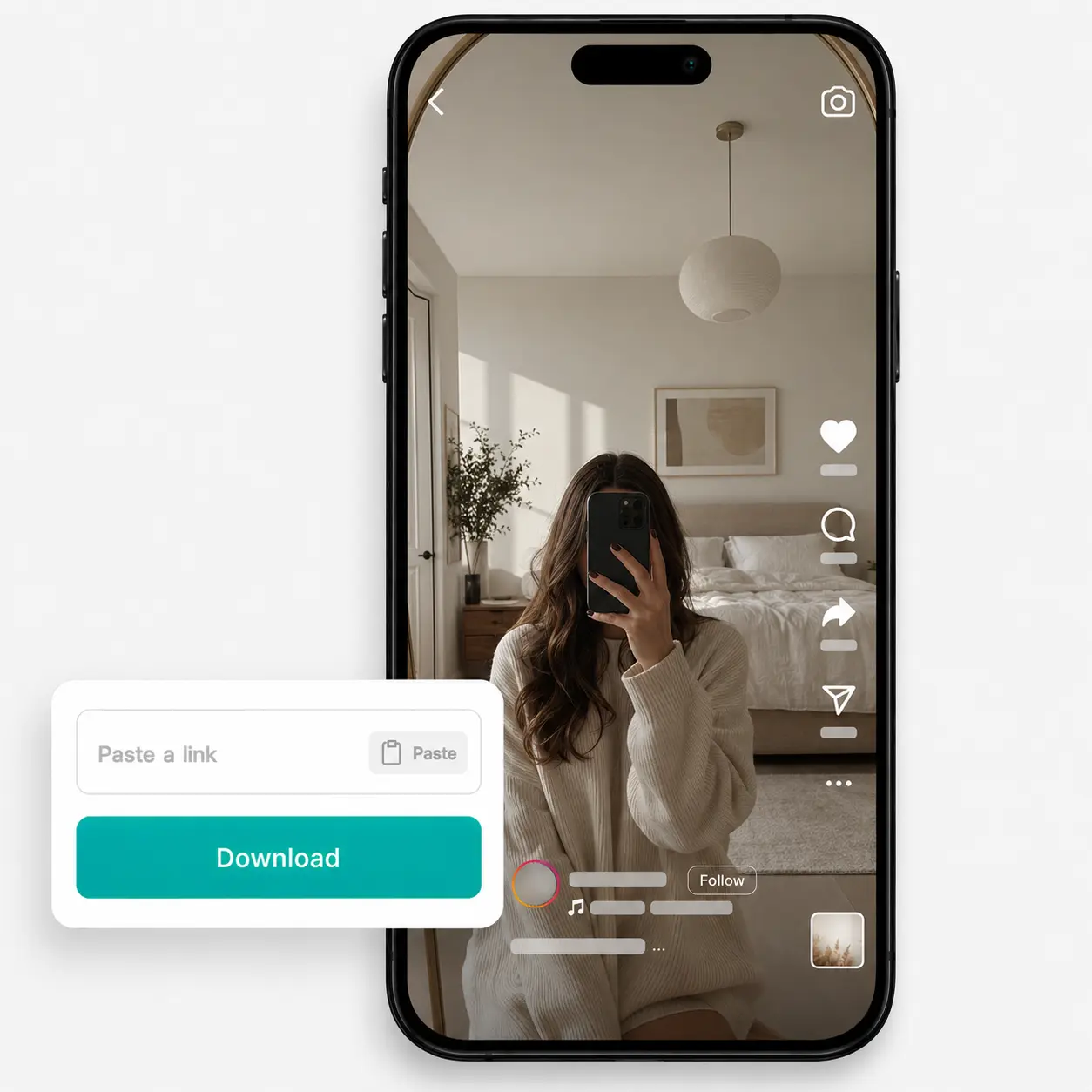 Lift Instagram Reels downloader saves a lifestyle bedroom mirror-selfie clip to a phone in seconds Phone shows an Instagram Reel of a mirror selfie in a bedroom beside the Lift download module