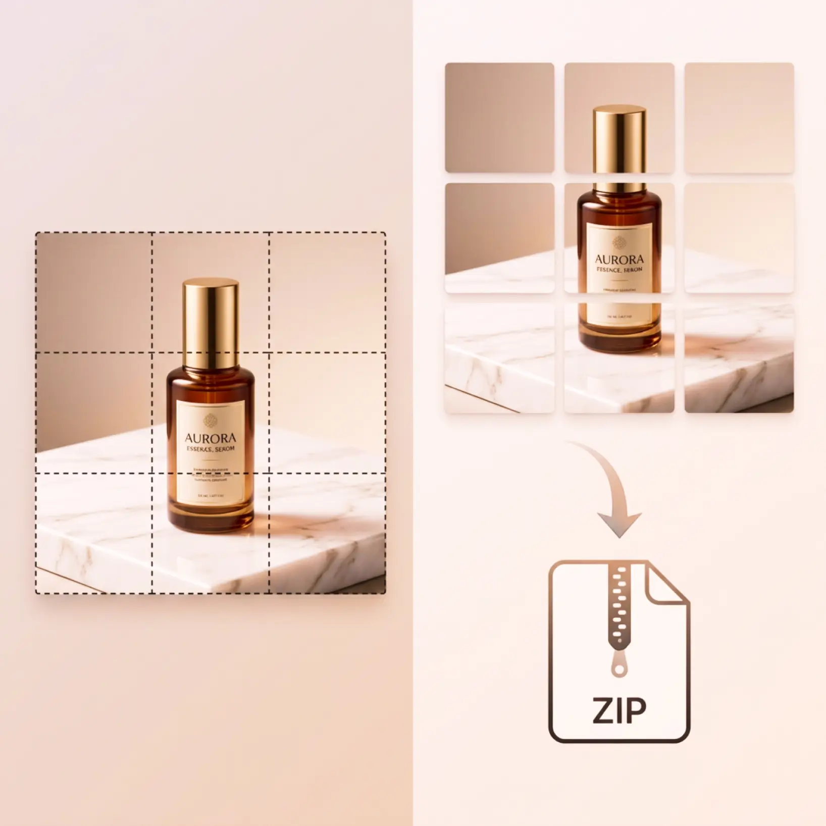 The Lift online photo splitter showing a perfume bottle photo with dashed 3×3 grid overlay on the left and rows and columns adjustment controls on the right, with individual tile previews and a ZIP download icon below