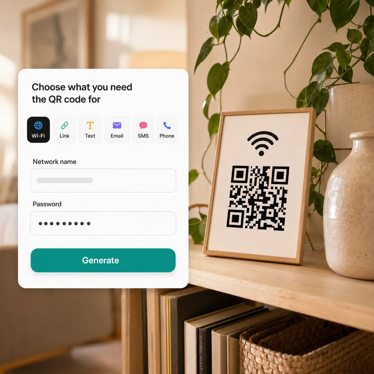 Framed Wi-Fi QR code on a wooden shelf beside a trailing plant, ceramic vase, and books