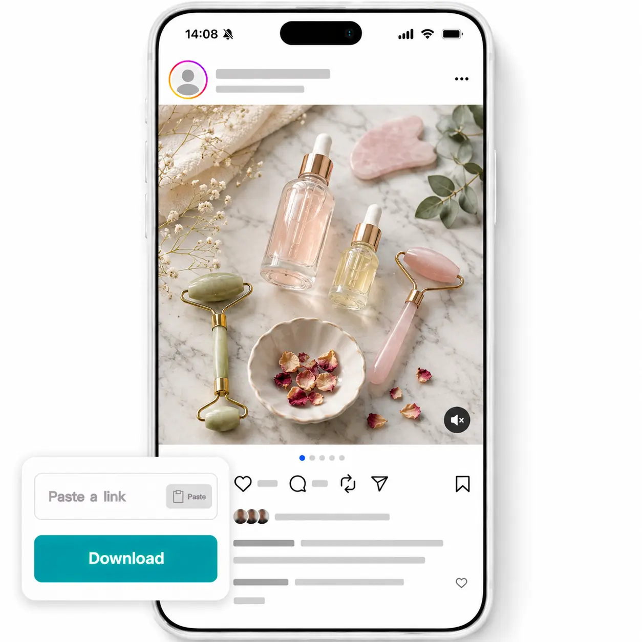 Lift Instagram photo downloader saves a beauty skincare flatlay post to a phone gallery in seconds Phone shows an Instagram carousel post with skincare serums, face roller, and gua sha on a marble surface