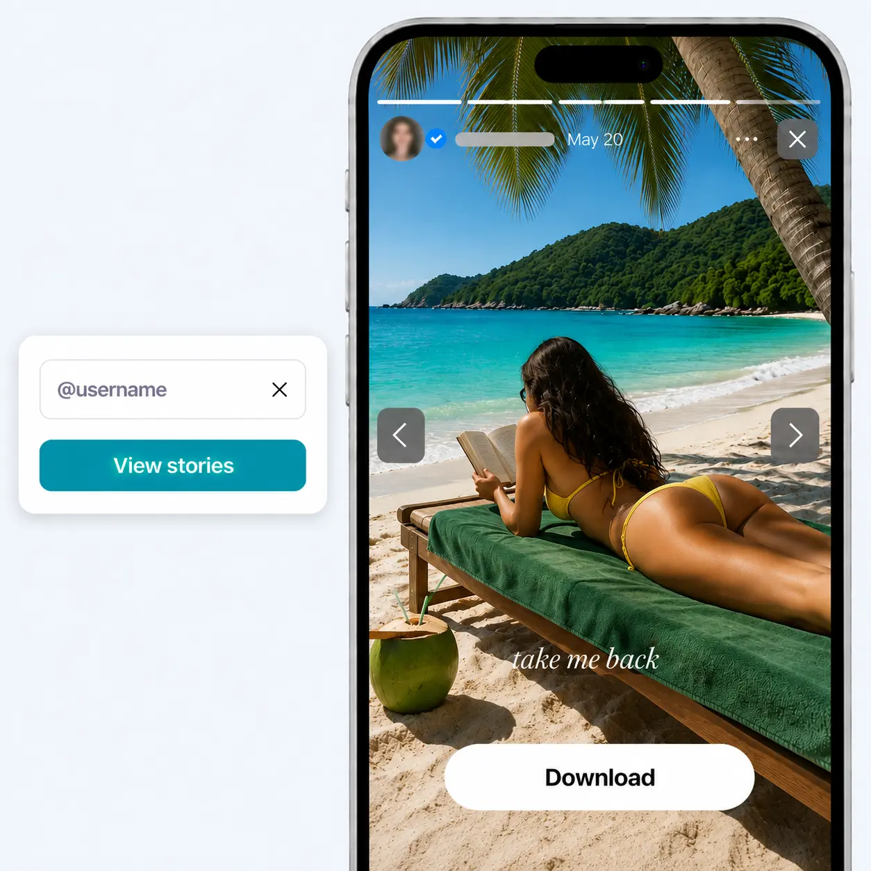 Mobile phone showing the Lift anonymous story viewer for Instagram playing a beach take me back story.