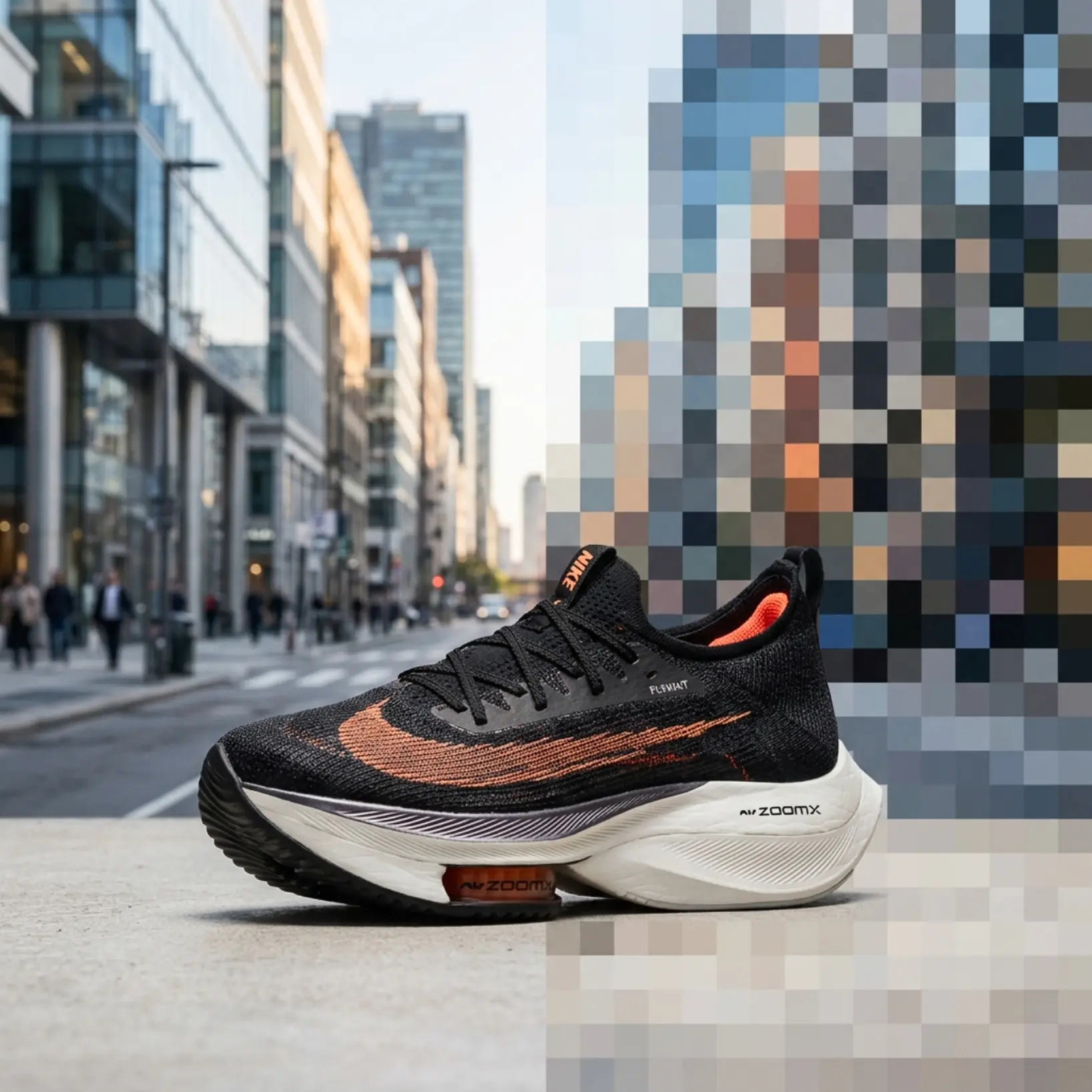 Selecionar e pixelizar fundo em imagem online com ferramenta de precisao Foto de tenis com fundo pixelizado seletivamente usando a ferramenta Lift online