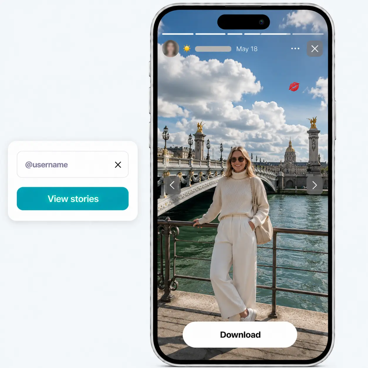 Mobile phone playing a Paris bridge story from Instagram in fullscreen with username field and download button.