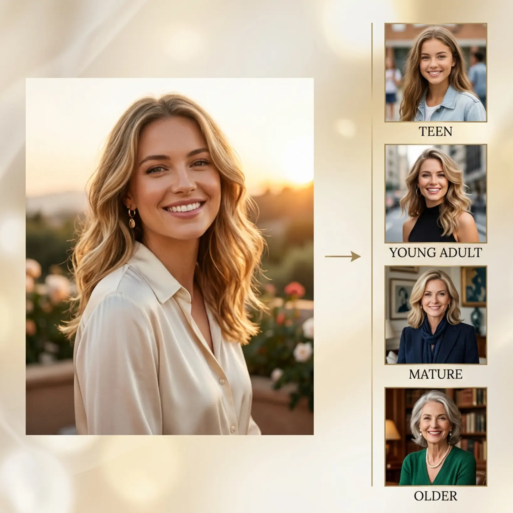 Portrait of a woman with four AI-generated age progression results: Teen, Young Adult, Mature, and Older in the Lift app