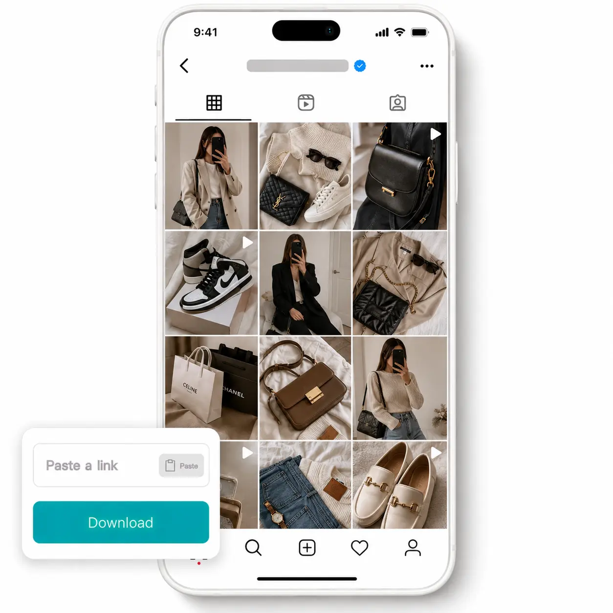 Phone displays an Instagram fashion profile grid with handbags, sneakers, and outfit posts beside the Lift download module