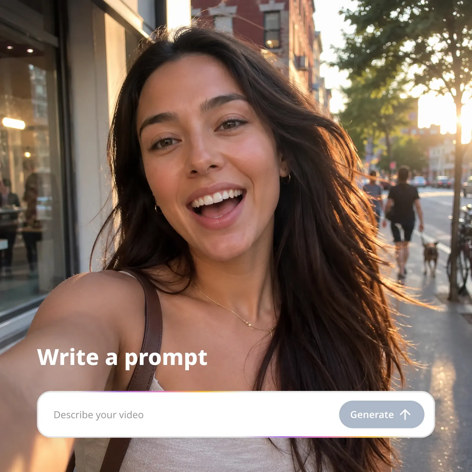 Lift Text to Video AI interface with a prompt input where users describe their video and tap Generate Smiling brunette woman selfie at golden hour with the Lift text to video AI prompt input shown below