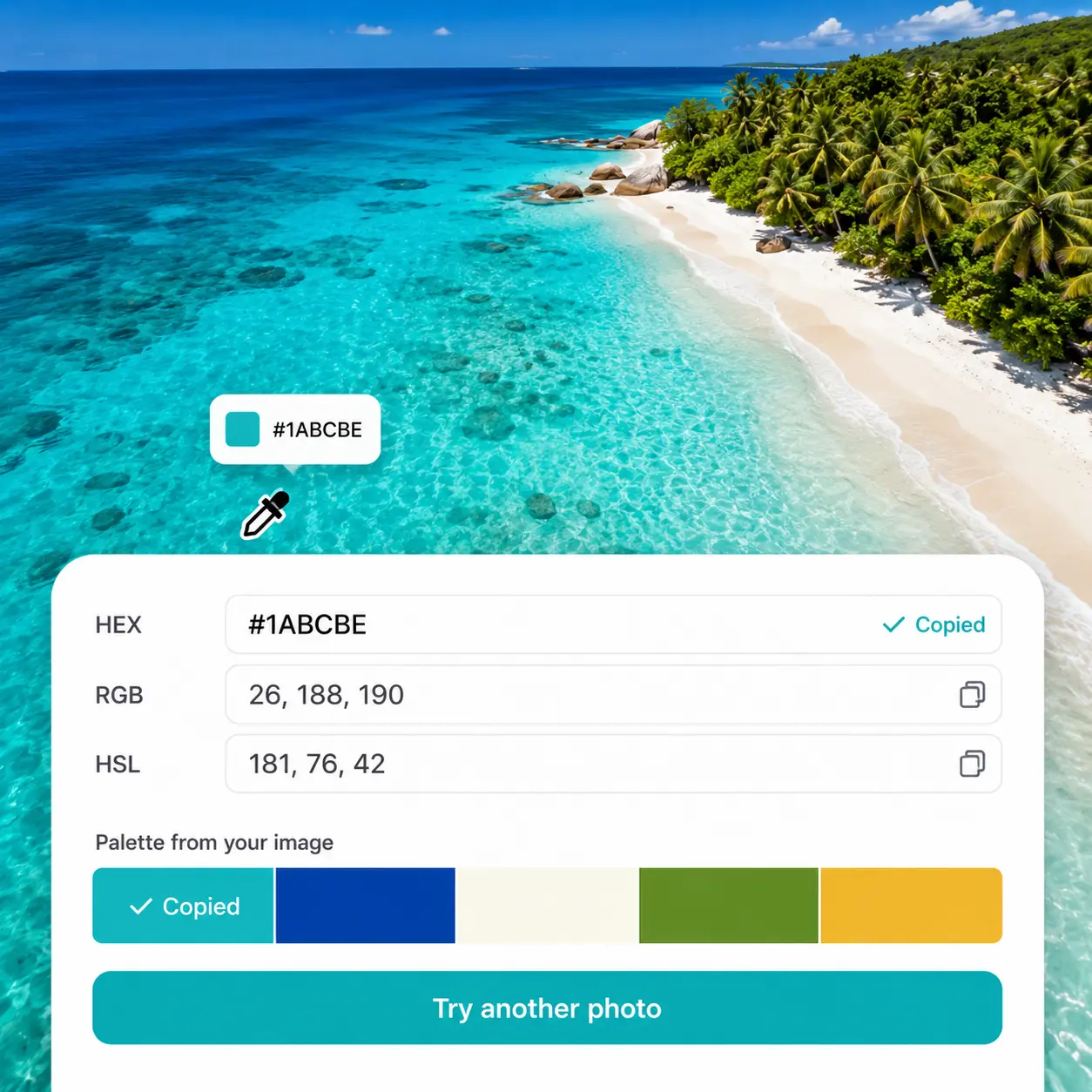Sélecteur de couleur RGB Lift à partir d'une image — plage tropicale avec océan turquoise affichant les codes HEX et RGB Sélecteur de couleur RGB sur une plage tropicale turquoise affichant le code HEX #1ABCBE et la palette extraite