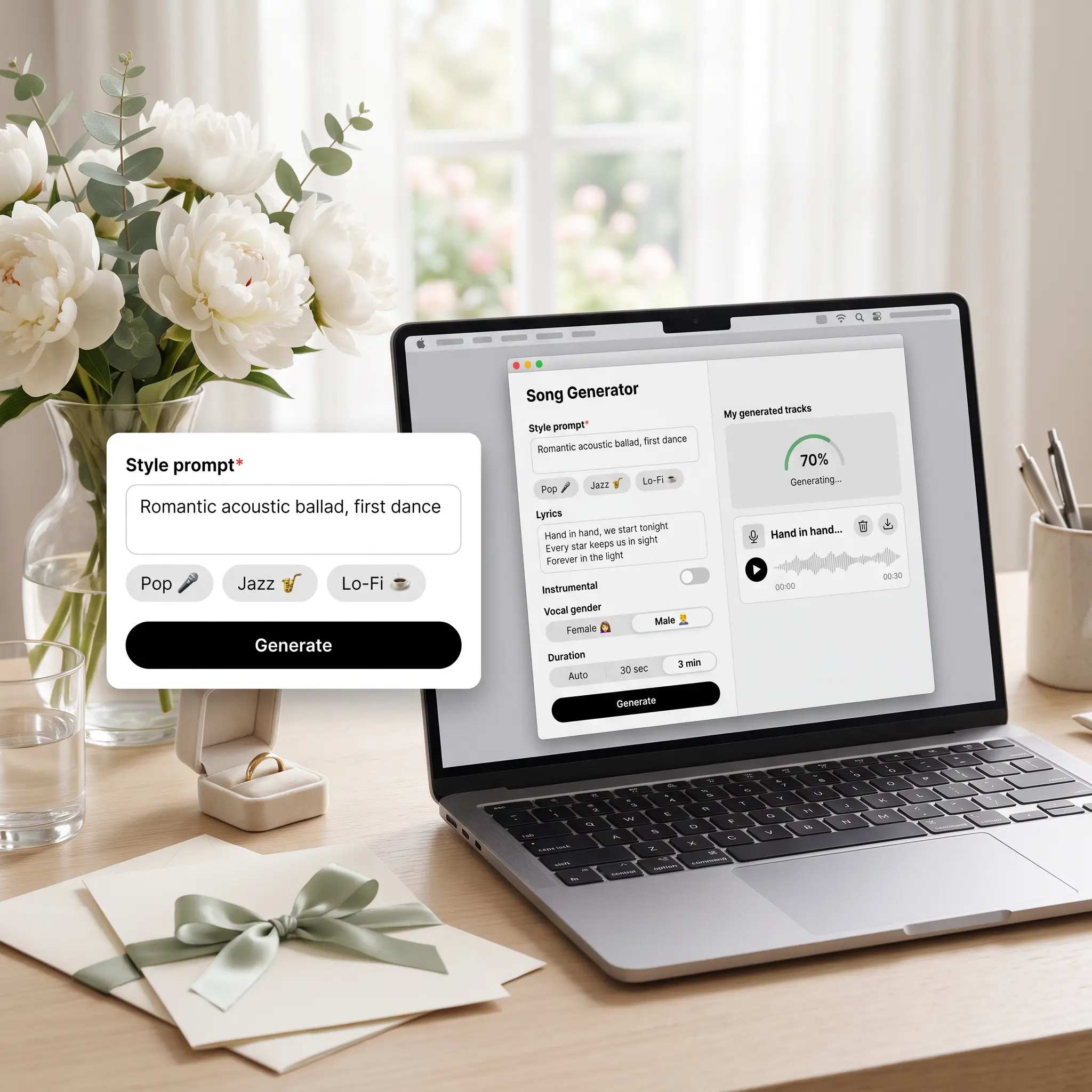 Lift AI song maker on a laptop with a romantic ballad prompt, wedding lyrics, and vocal settings