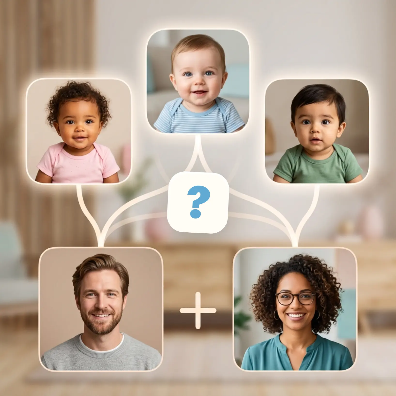 Visual workflow of baby face generator showing two parent photos combined by AI to produce multiple realistic baby portrait variations