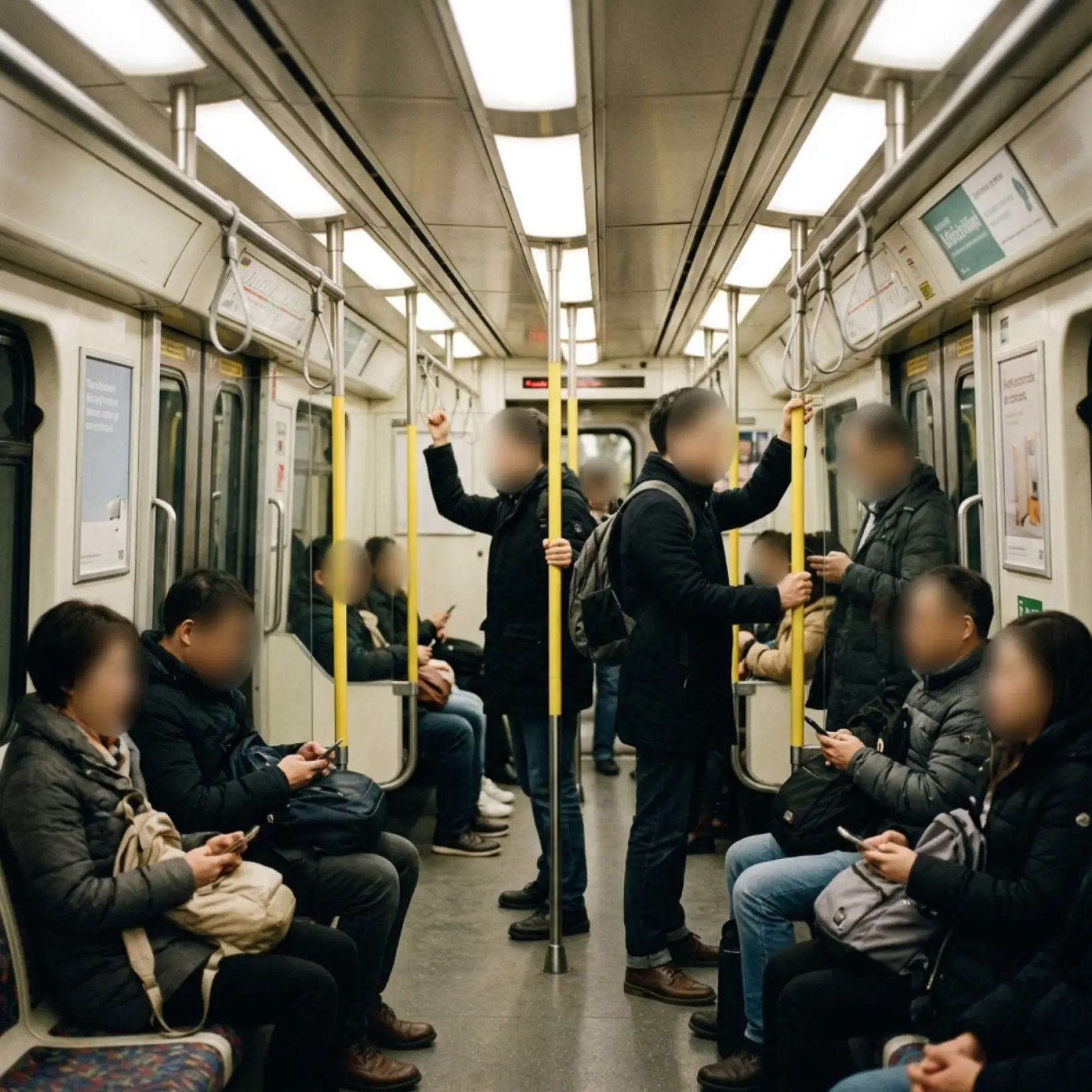 Passengers in a subway with faces blurred using an online blur image tool demonstrating selecting specific areas to hide identities and protect privacy