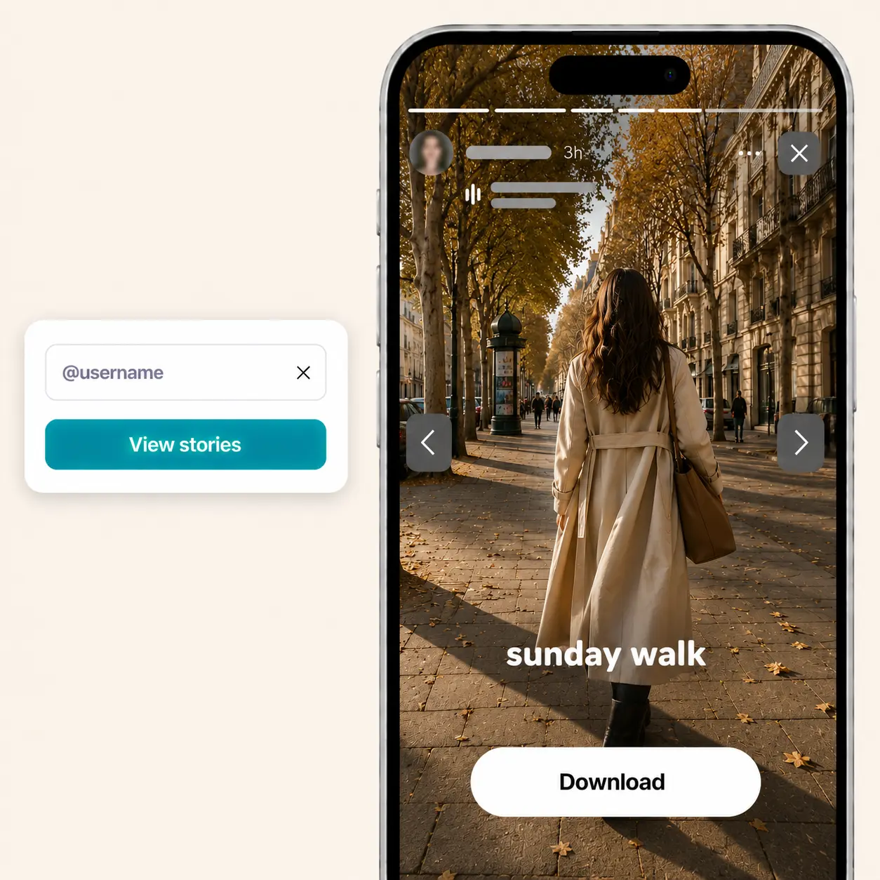 Mobile phone showing the Lift story viewer for Instagram playing a sunday walk story with progress bar.