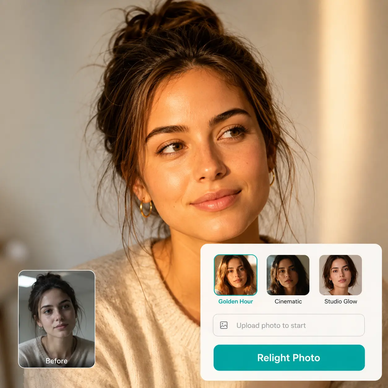 Portrait of a woman next to a style menu, thumbnail, and Upload Photo control.