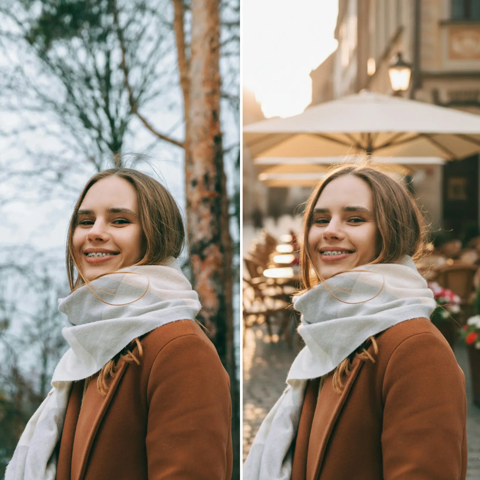 Before-and-after example of photo background replacement