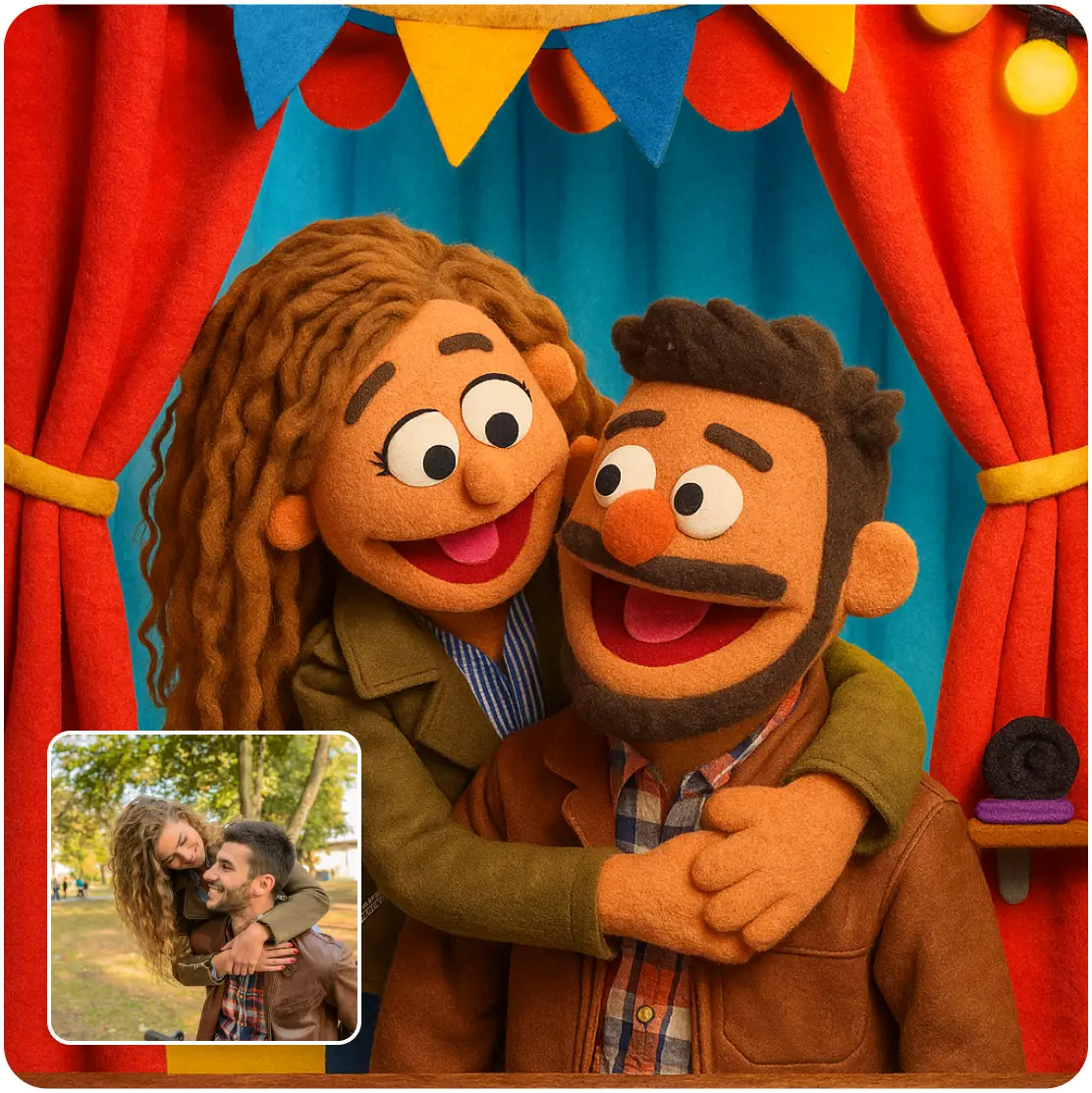 Couple hugging reimagined as puppets on stage