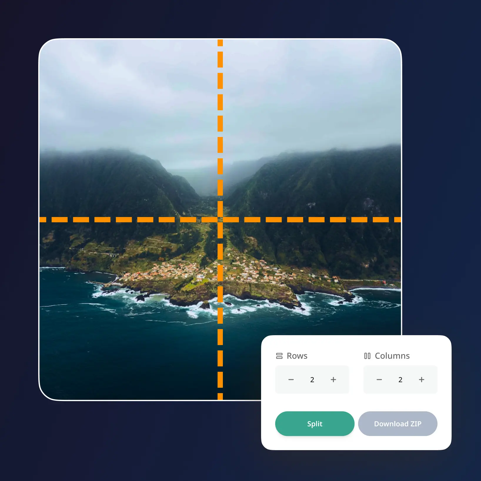 Landscape photo with grid overlay and Lift controls for setting rows, columns, splitting, and downloading tiles as ZIP. Try Lift Instagram Grid Maker!