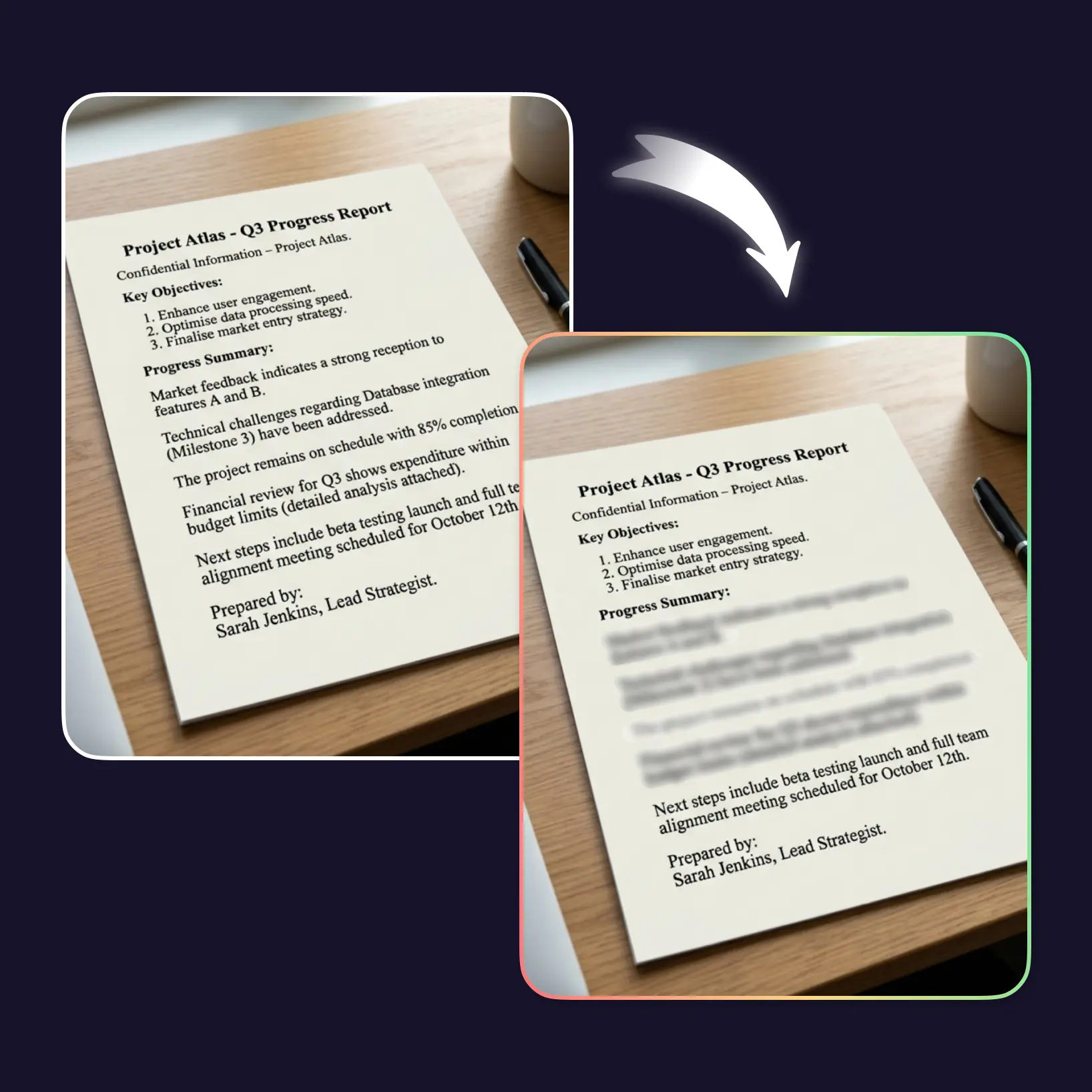 Blur sensitive text in document online with selective blur tool Before and after document with sensitive information blurred using an online blur image tool to demonstrate selecting an area and applying blur for privacy protection