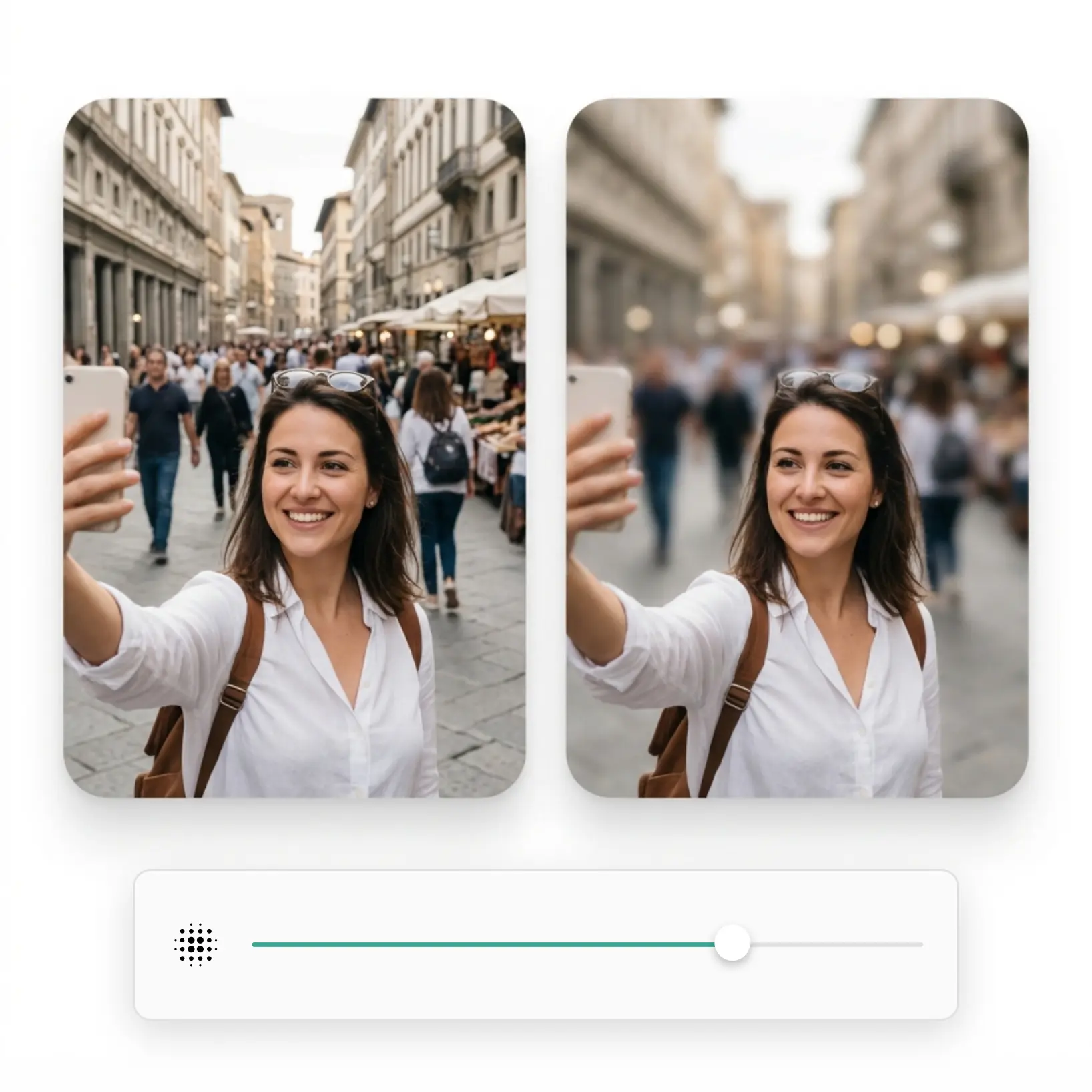 Before and after applying selective blur to a photo with Lift online blur tool, showing adjustable background blur intensity