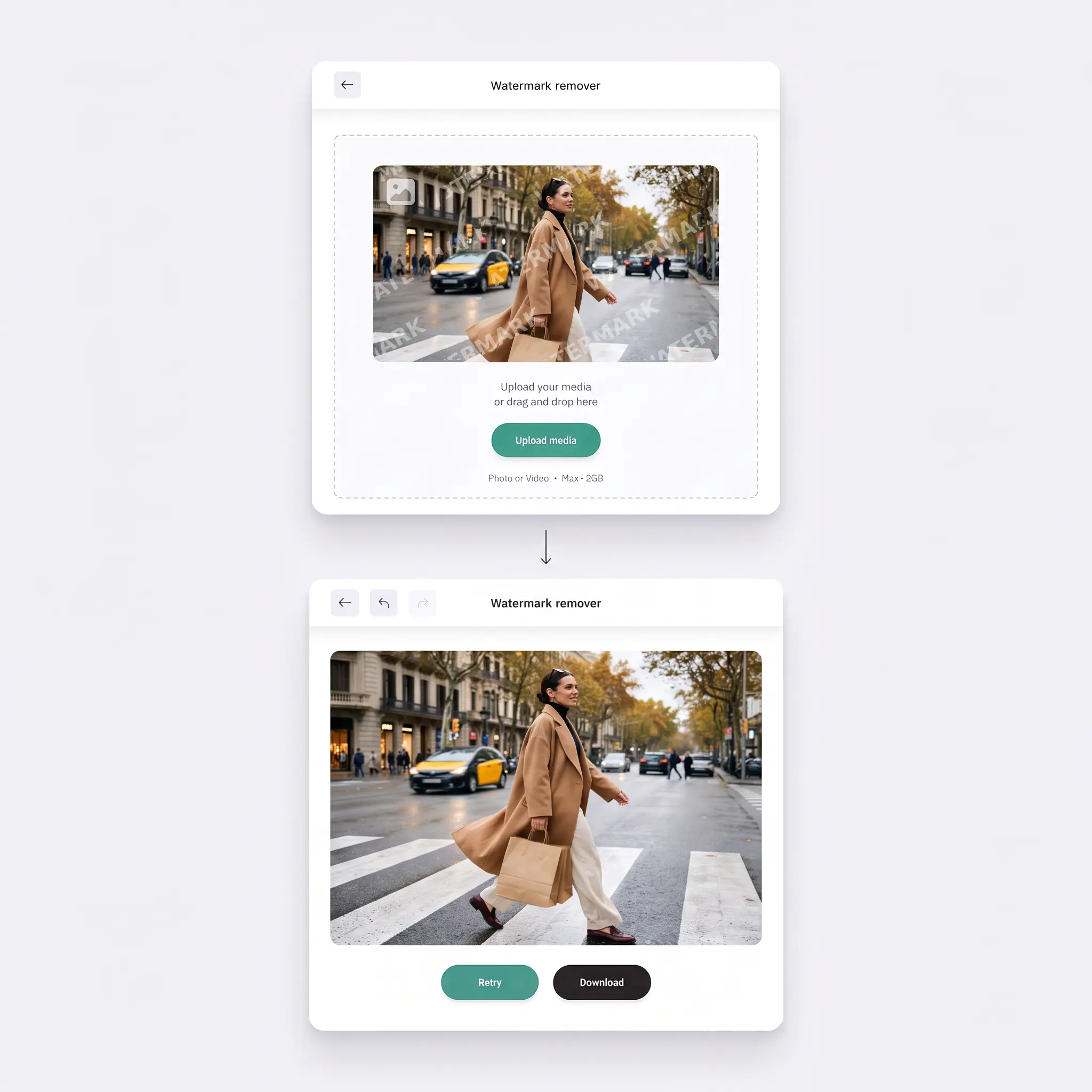 Pasos para eliminar una marca de agua de imagen con IA en Lift, desde la subida hasta la descarga