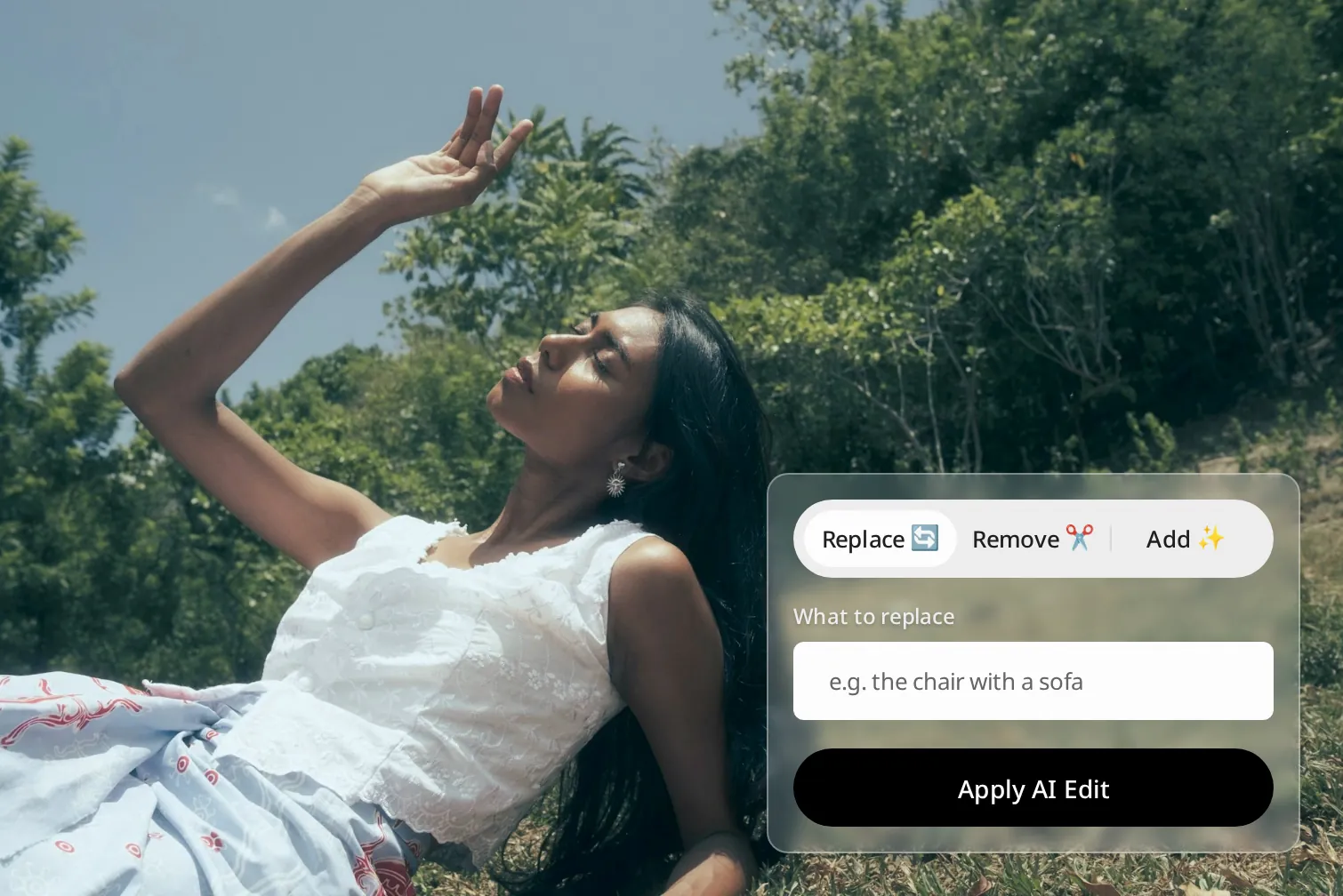 Woman resting on the grass with an AI edit panel over the photo