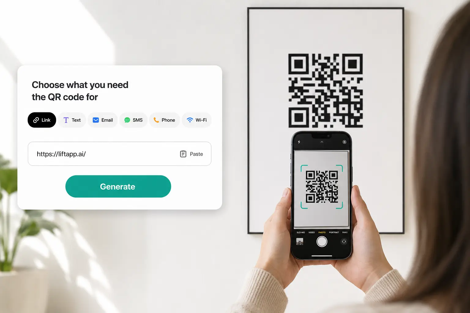 QR code generated by Lift from a link, text, or Wi-Fi network