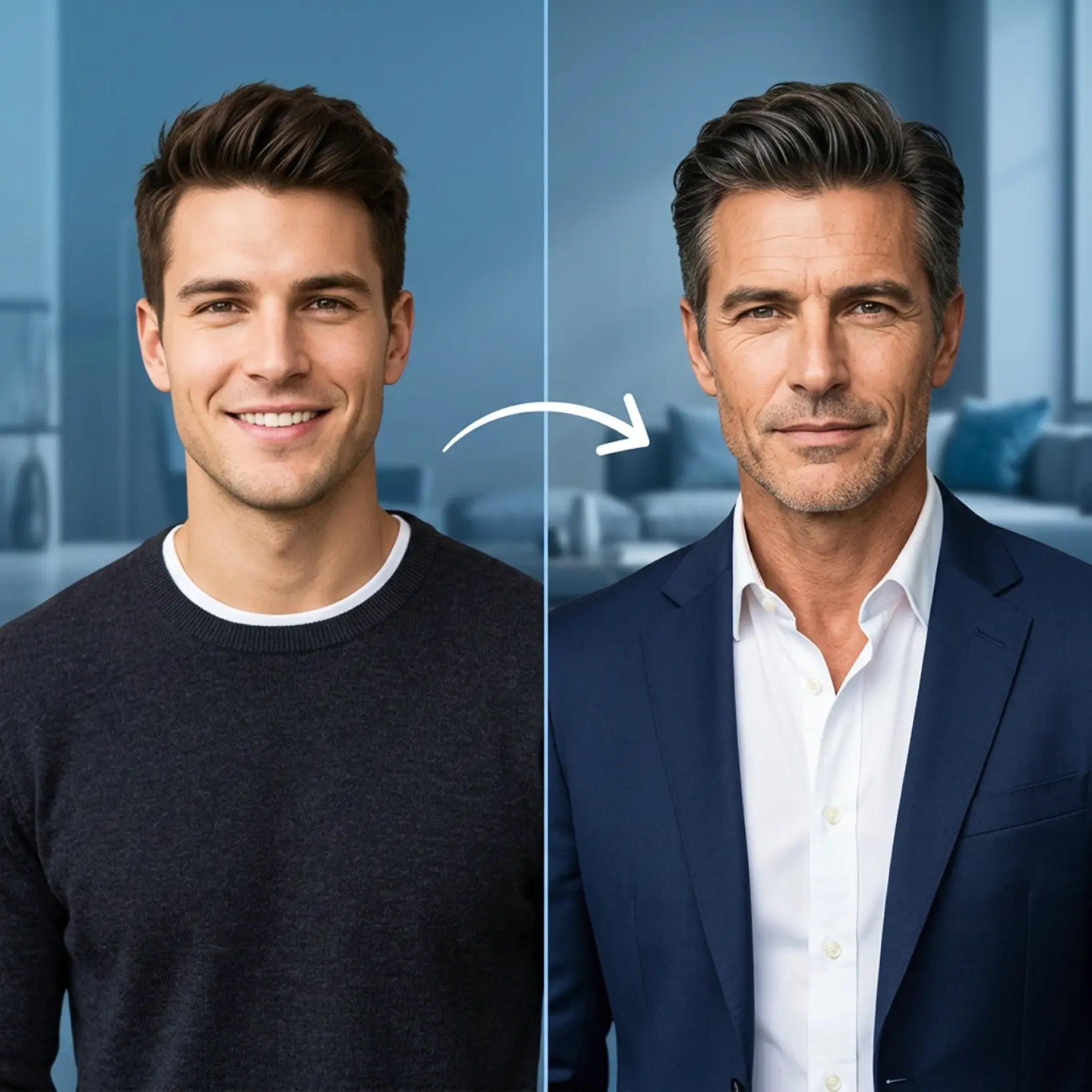 What Will I Look Like Older – Young Man to Mature Face Transformation in Lift Side-by-side portrait of a young man and his AI-generated mature older version with realistic aging effect produced by Lift face preview tool