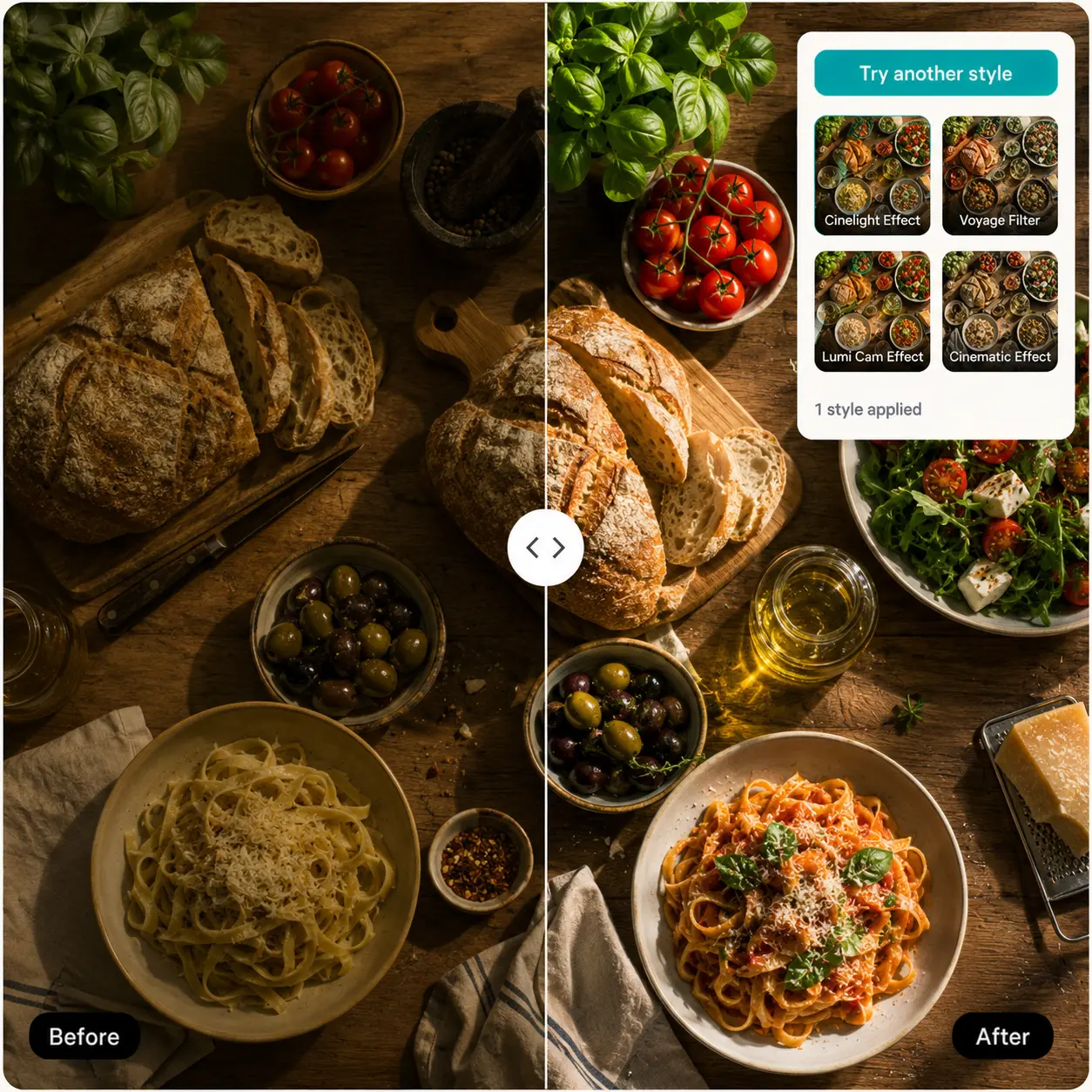Before and after of a rustic bread and pasta spread, dim tones relit into warm evening light.