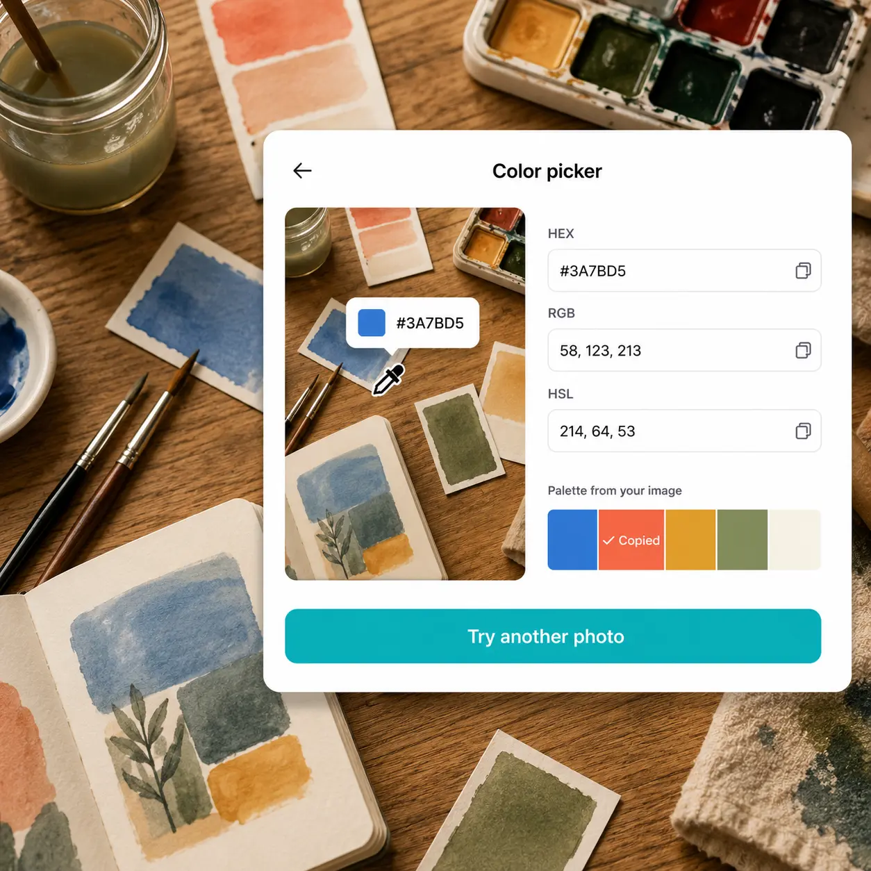 Sélecteur de couleur RGB Lift à partir d'une image — photo de matériel d'aquarelle avec code HEX et RGB bleu Sélecteur de couleur RGB sur un flatlay de matériel d'aquarelle affichant le code HEX #3A7BD5 et la palette