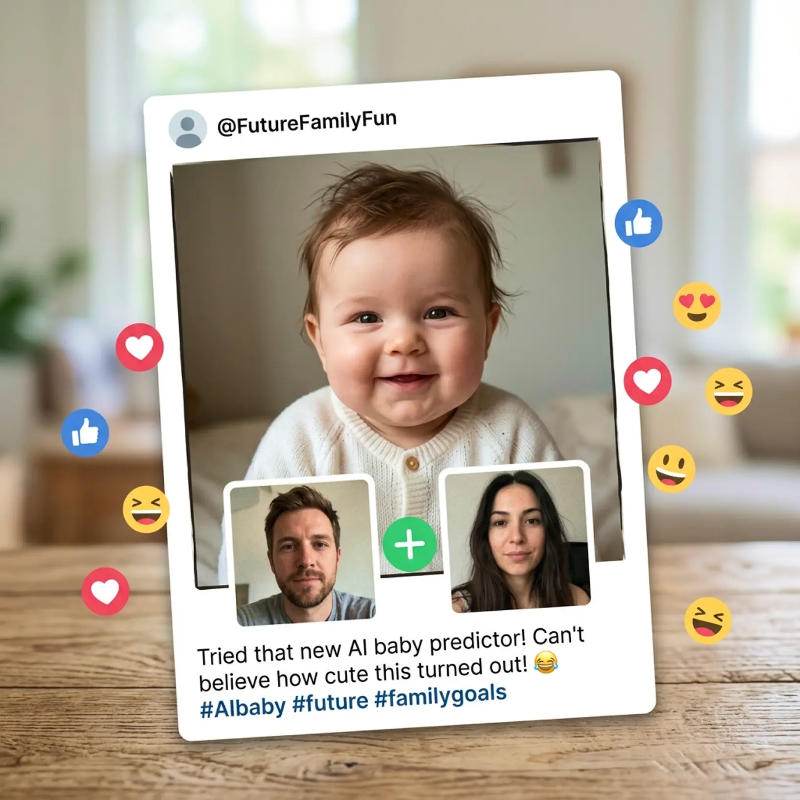 Social media post showing AI-generated baby created from two parent photos with reactions and engagement icons using Lift baby face generator