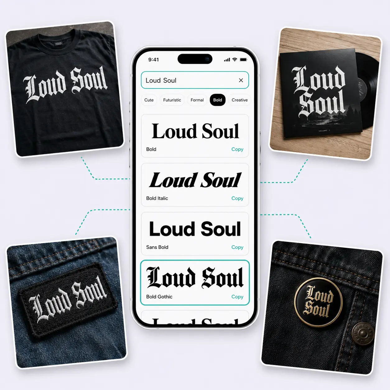 Lift font generator bold font styles for a brand name shown on t-shirt vinyl record and merch items