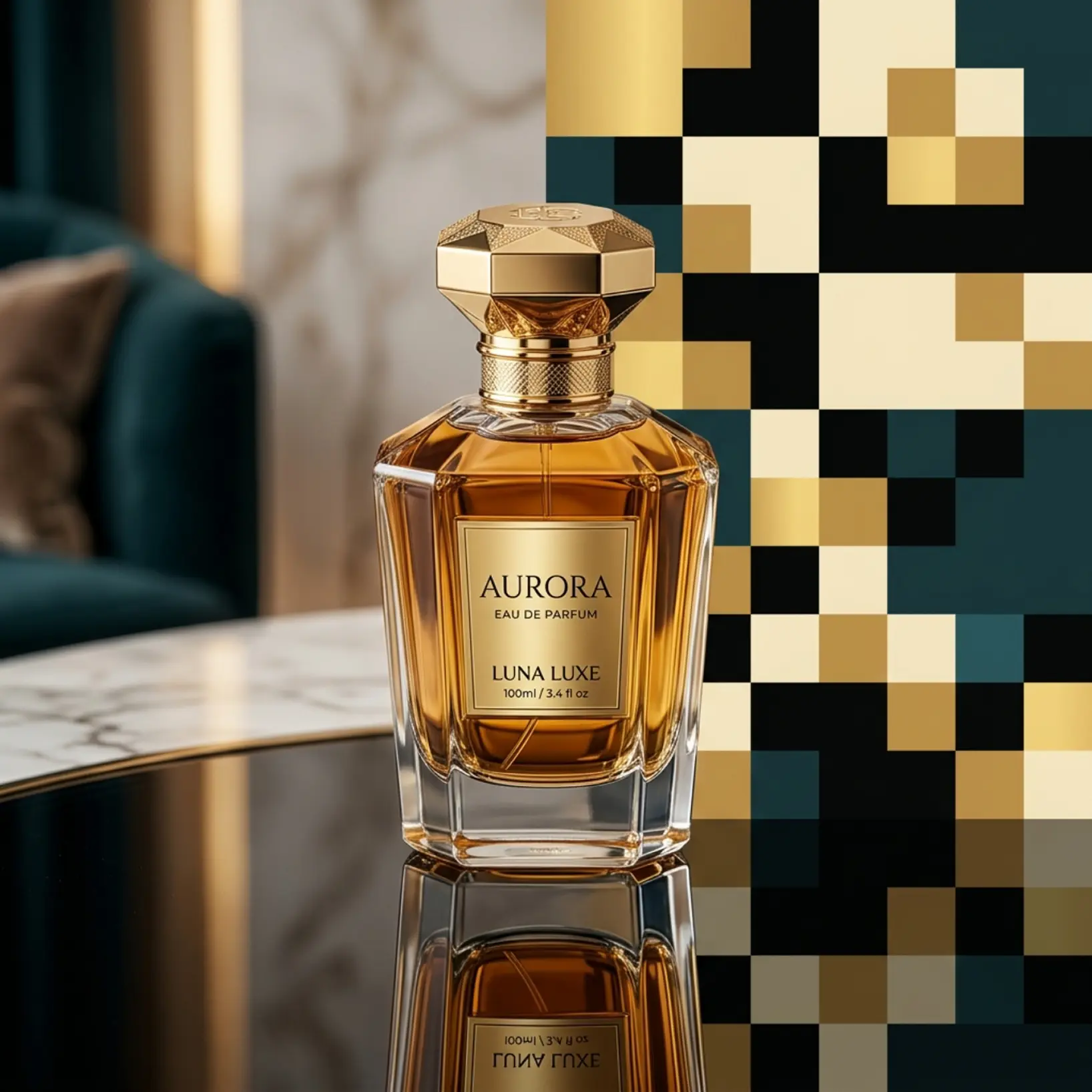 Pixelizador de fundo seletivo para fotos de produtos com precisao AI Foto de produto de perfume com fundo pixelizado seletivamente usando a ferramenta AI do Lift online