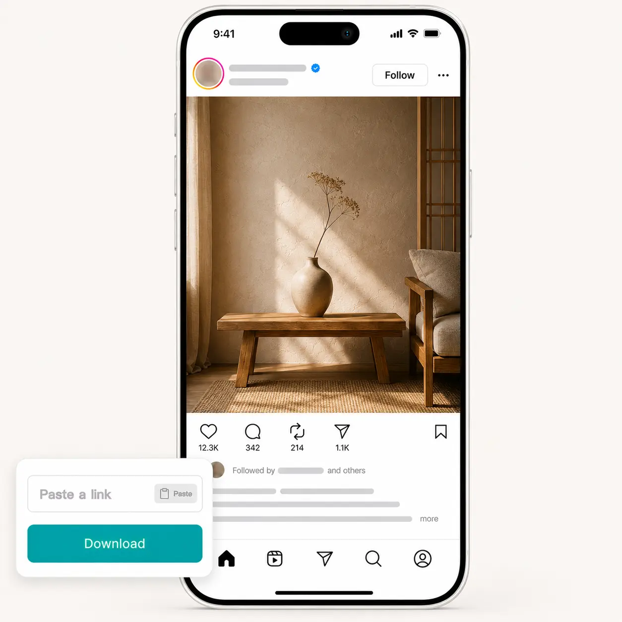 Lift Instagram photo downloader saves a minimalist interior design post to a phone gallery in seconds Phone shows an Instagram post of a wooden coffee table with a clay vase and dried branches